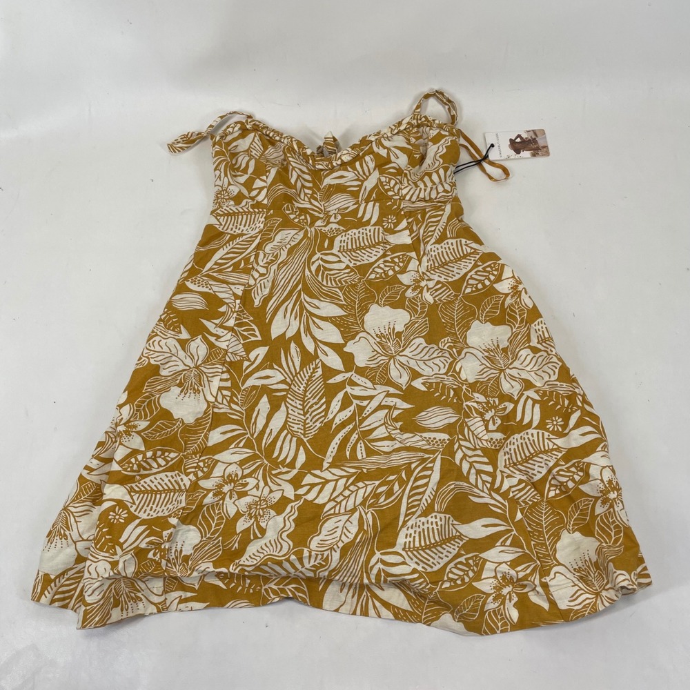 Sincerely Jules Linen Blend Tropical Floral Mini Dress Mustard Yellow XS 23304